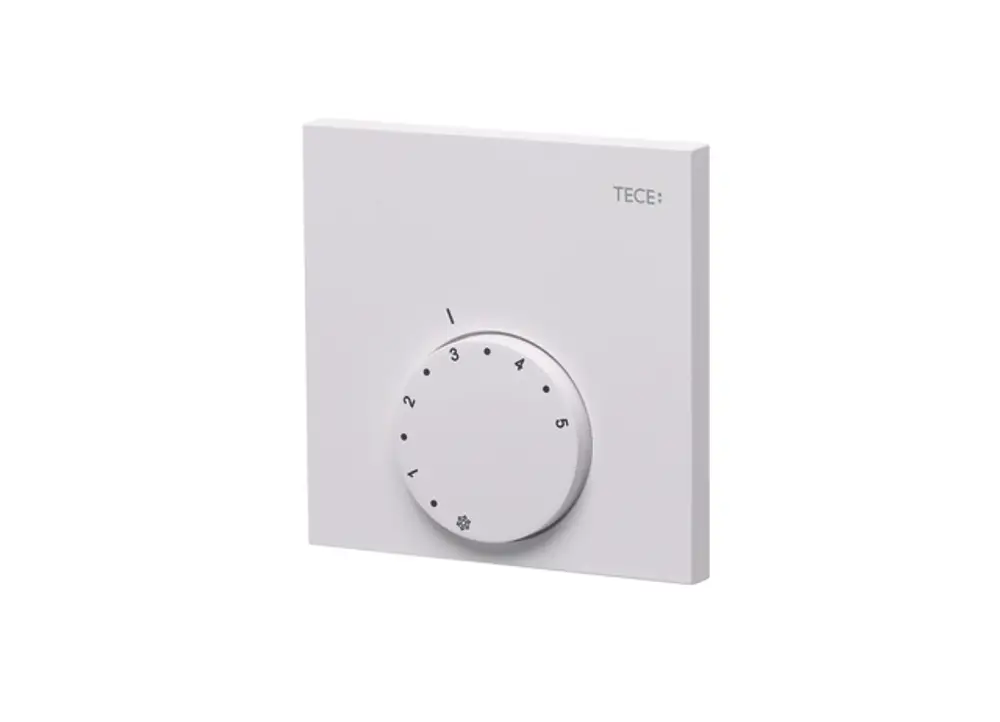 Weißes analoges Raumthermostat von TECE mit Drehregler und numerischer Skala von 1 bis 5 zur Temperatureinstellung.